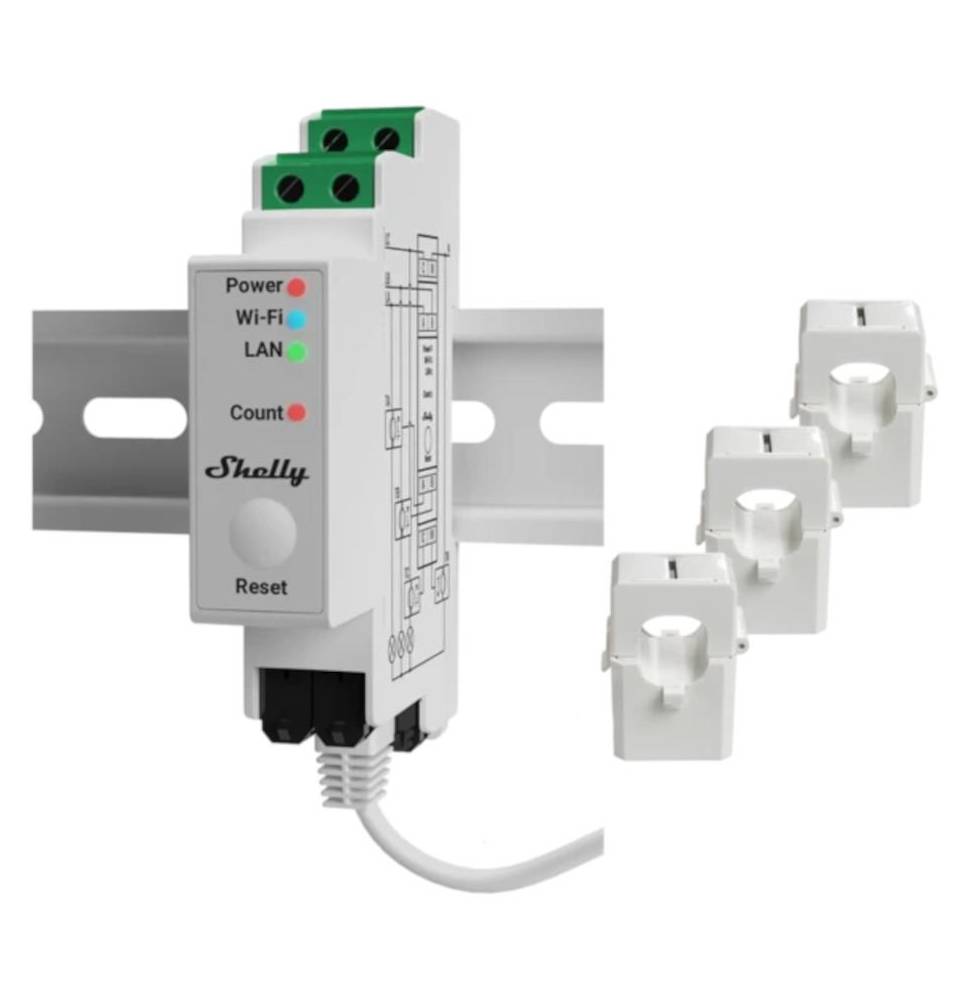 Shelly Pro 3EM 120A - Contatore energia DIN + 3 pinze120A