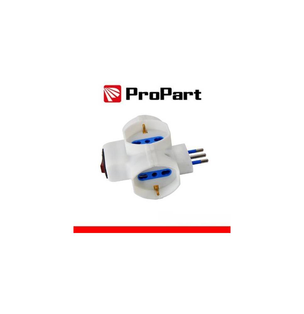 Adattatore 3 prese 2P+T 10/16A bipasso/Schuko con interrutt. Spina 10A