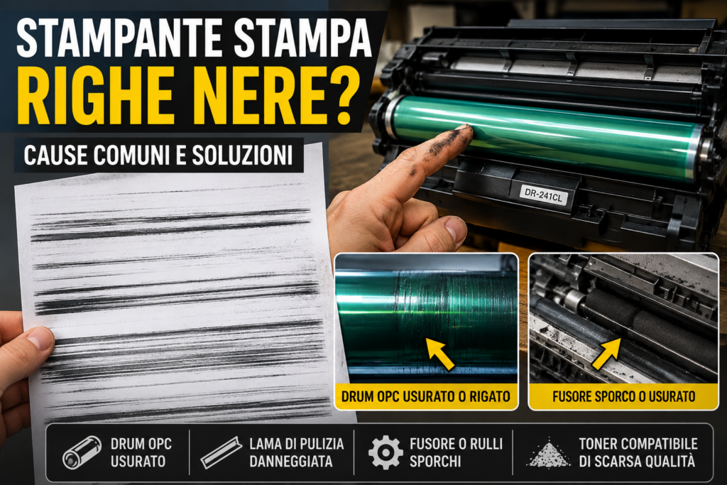 stampante stampa righe nere drum OPC usurato